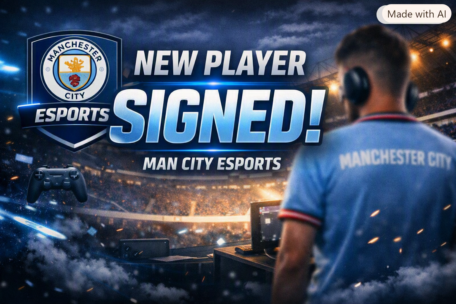 Manchester City Esports promotional graphic with bold text “NEW PLAYER SIGNED!” and the club crest, symbolizing a new roster addition.