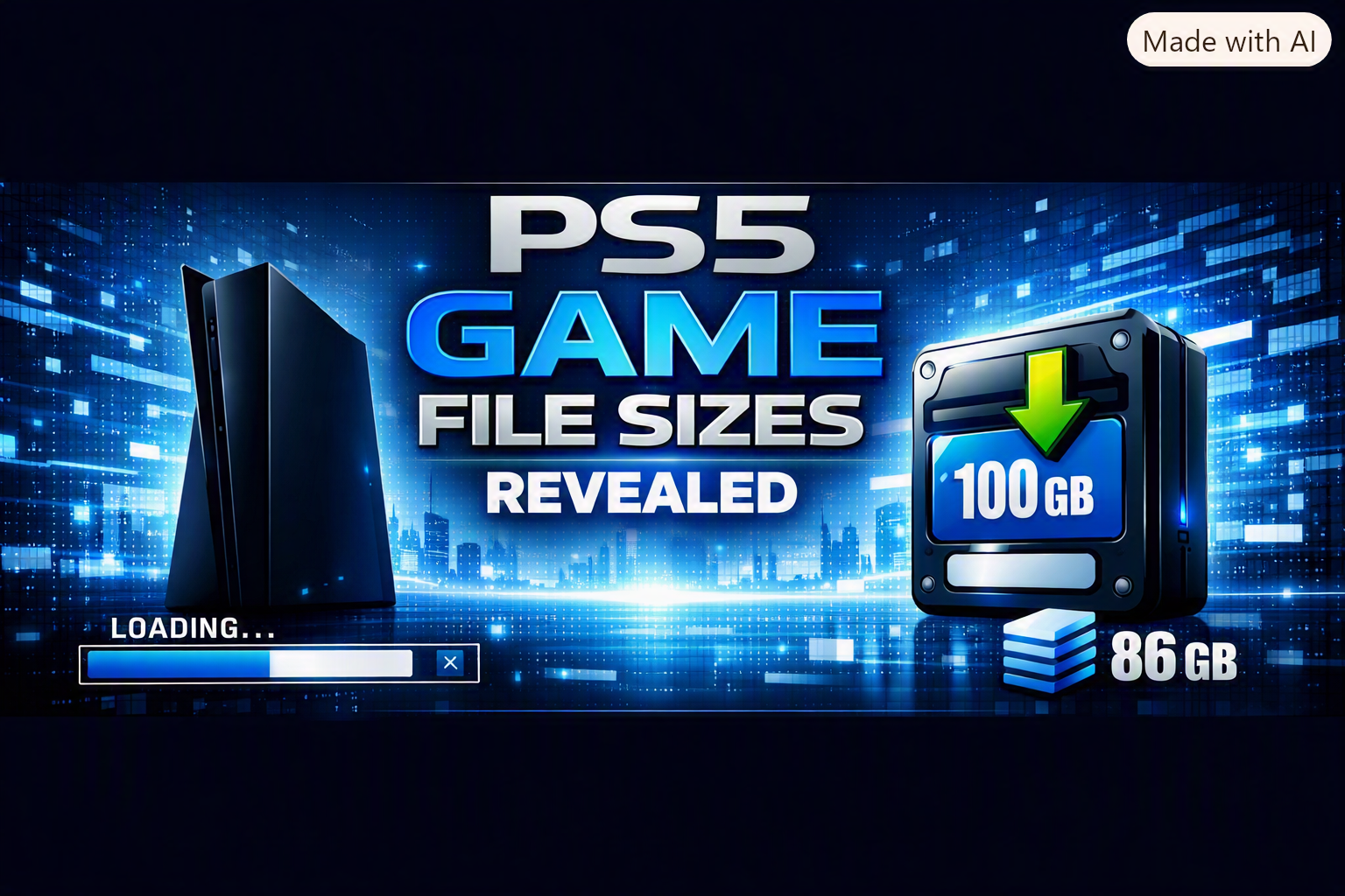 PS5 storage banner with console and file size icons.