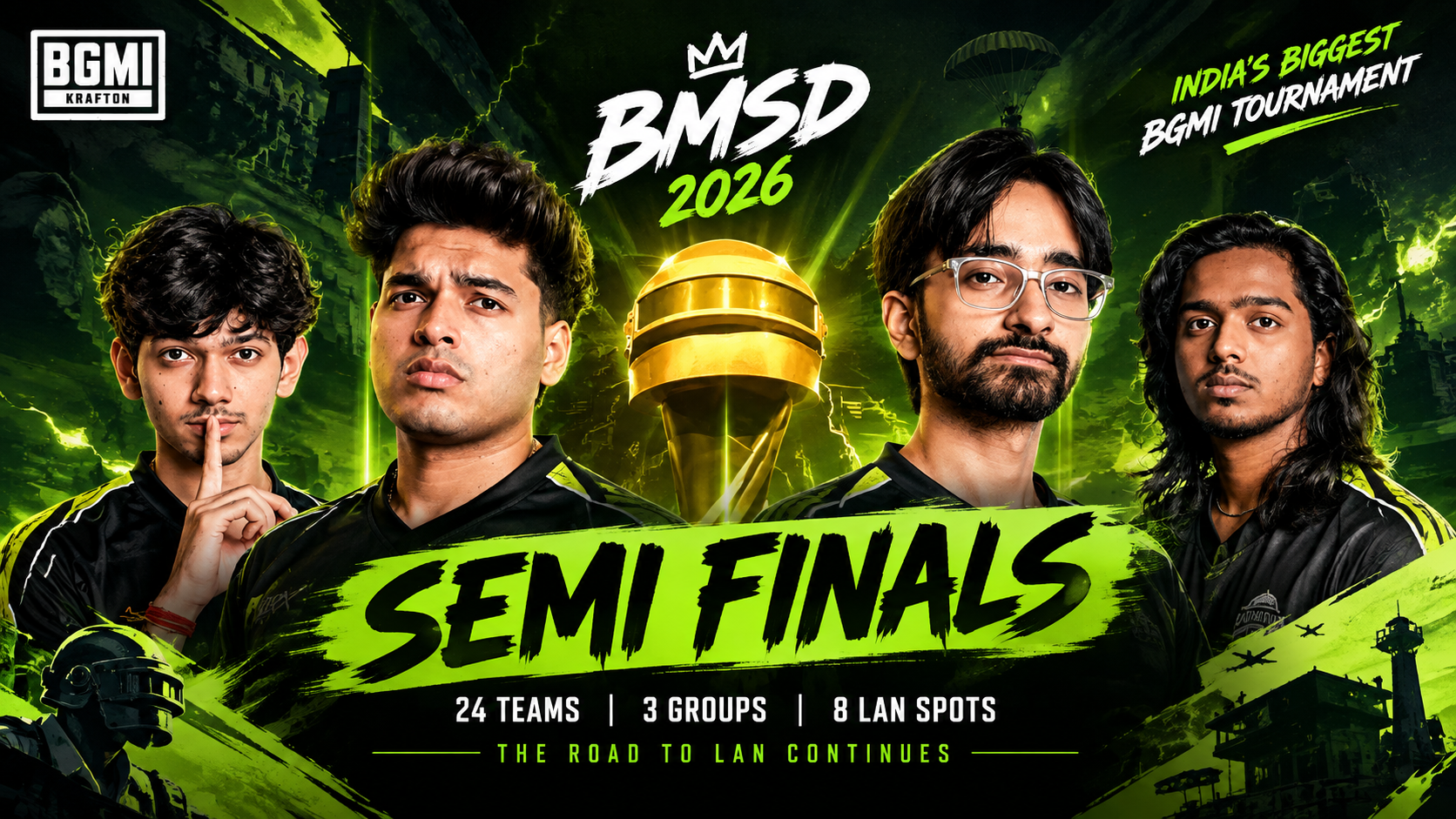 BMSD 2026 esports players featured against a dramatic neon-green BGMI tournament backdrop with the BMSD 2026 trophy.