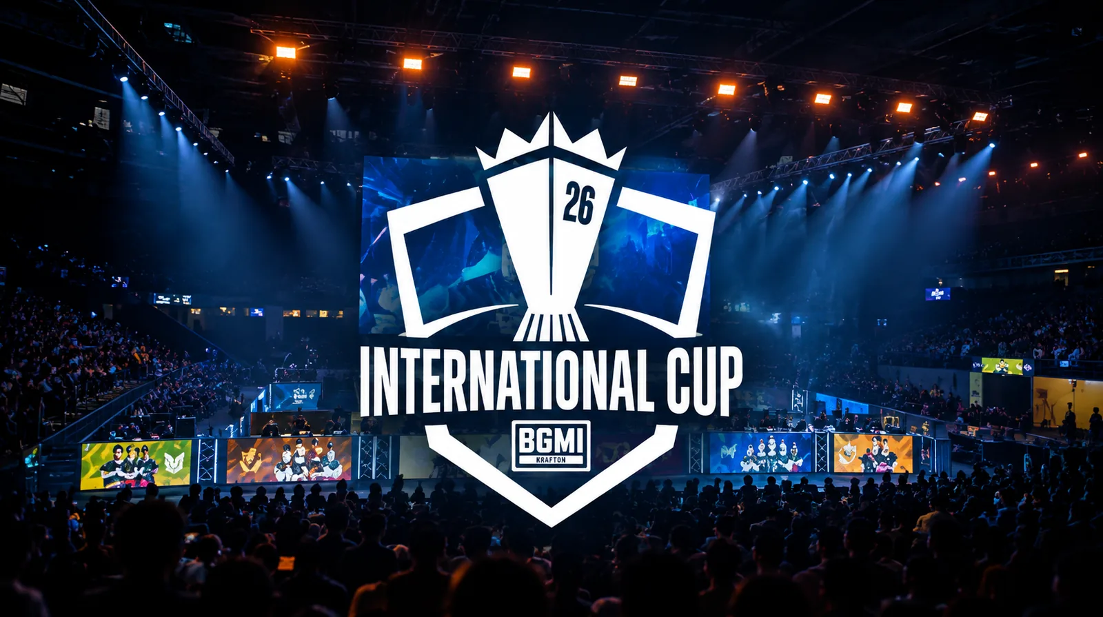 BMIC 2026 International Cup esports arena featuring a central tournament emblem, illuminated stage, and a packed audience.