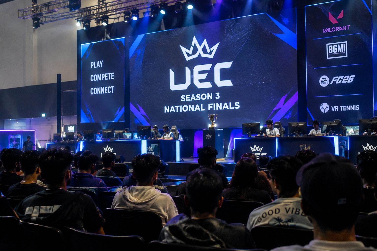 Esports players compete at the UEC Season 3 National Finals in front of a live audience
