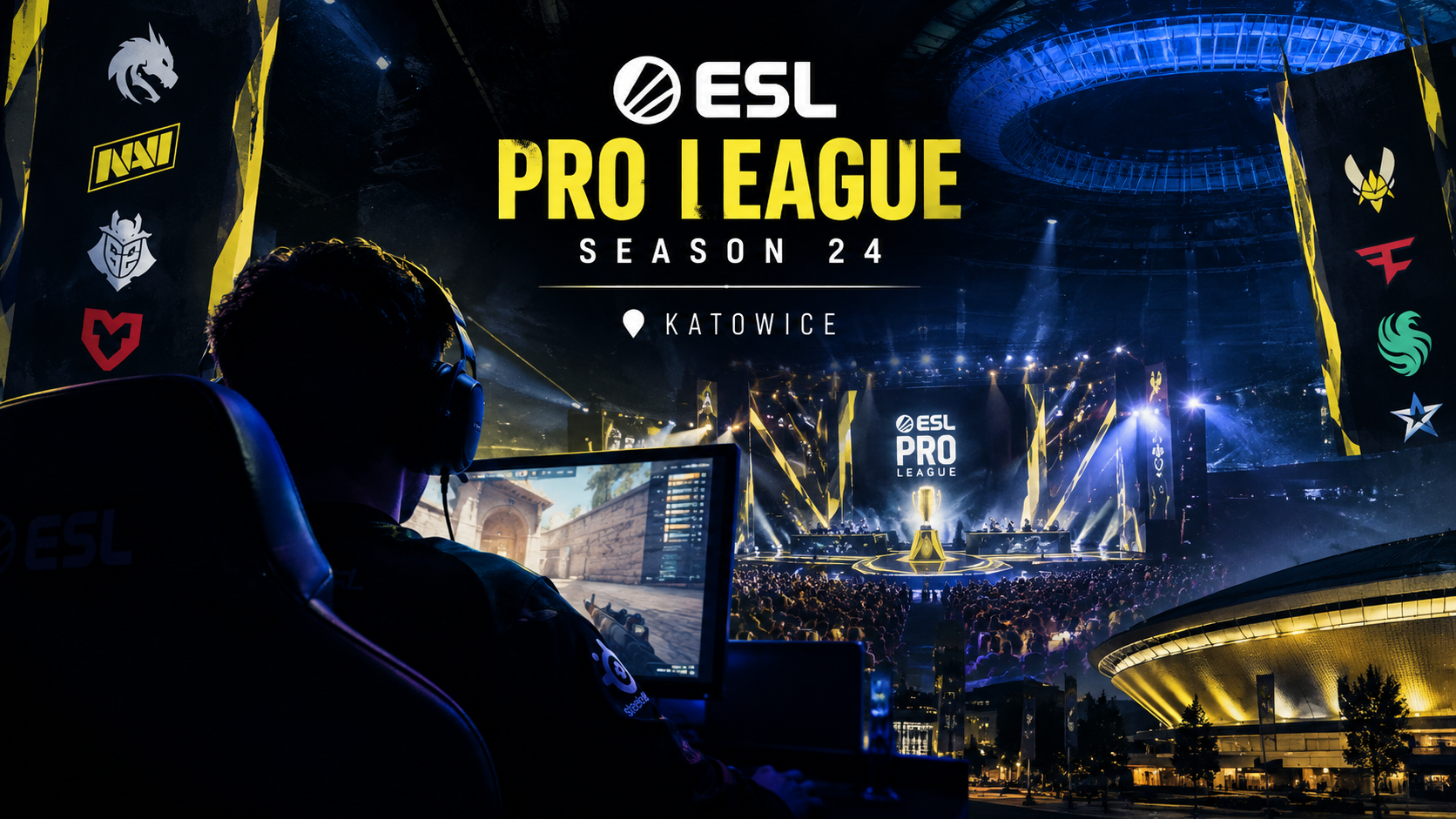Dark esports arena scene for ESL Pro League Season 24 in Katowice, featuring a silhouetted CS2 player at a gaming setup and a brightly lit tournament stage.