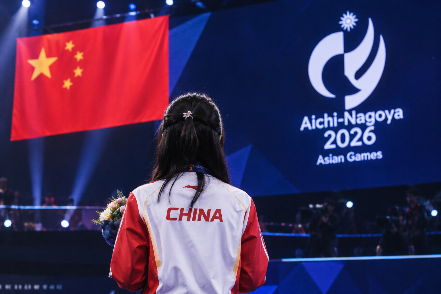 Chinese esports athlete seen from behind at the Aichi-Nagoya 2026 Asian Games venue, holding flowers beneath the China flag and event screen.