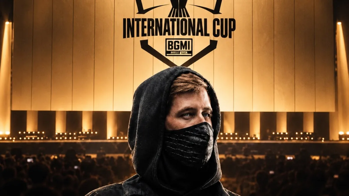 Alan Walker in a black hood and face covering stands against a gold-lit esports arena backdrop featuring the BMIC 2026 International Cup emblem and text announcing his live performance in Mumbai.