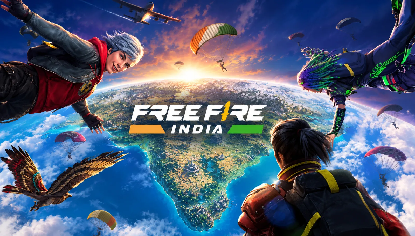 Free Fire India promotional artwork featuring characters skydiving over a landscape inspired by India, with parachutes and the Free Fire India logo at the centre.