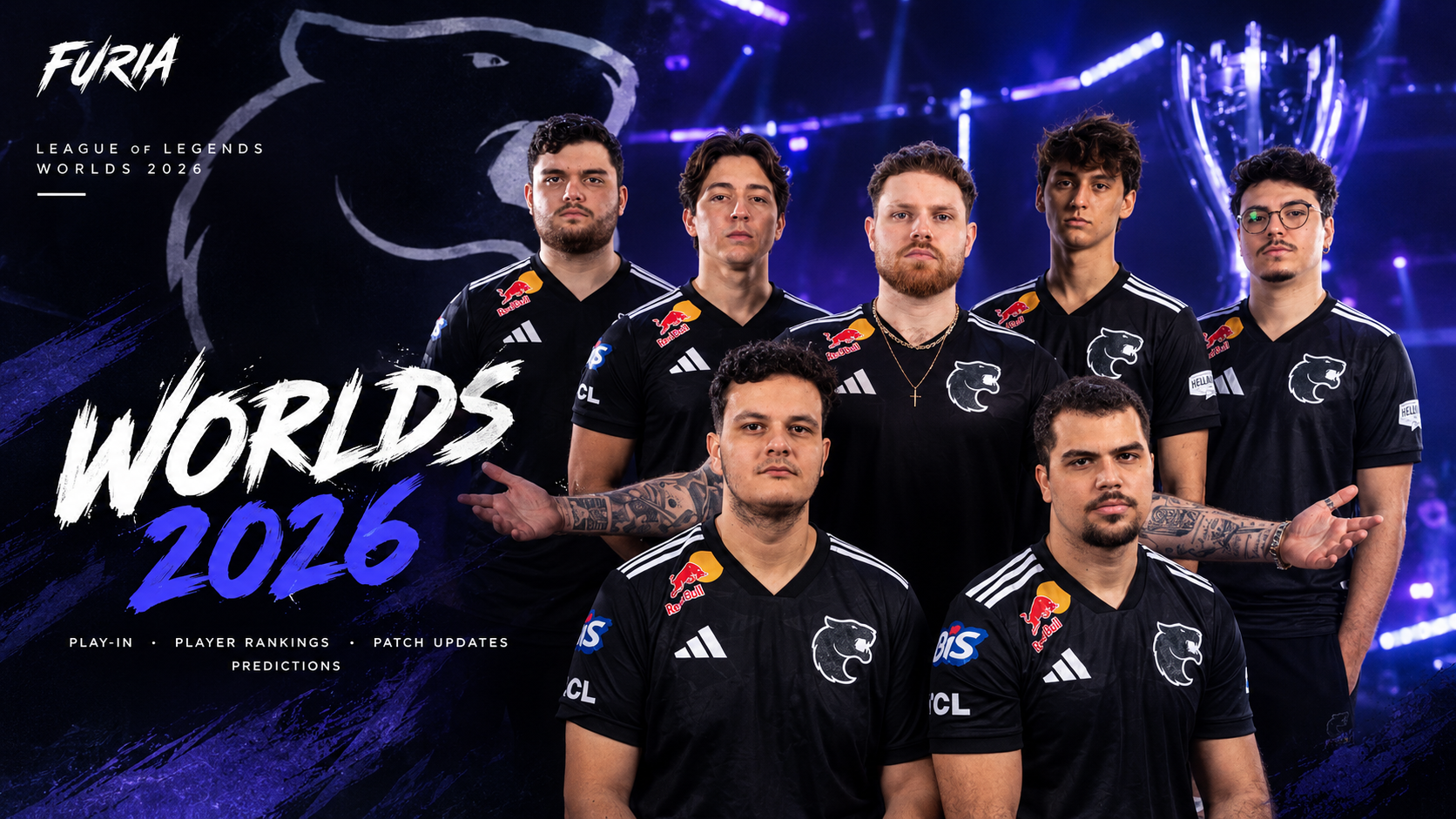 FURIA esports team standing together on a purple-lit stage in a Worlds 2026-inspired cover.