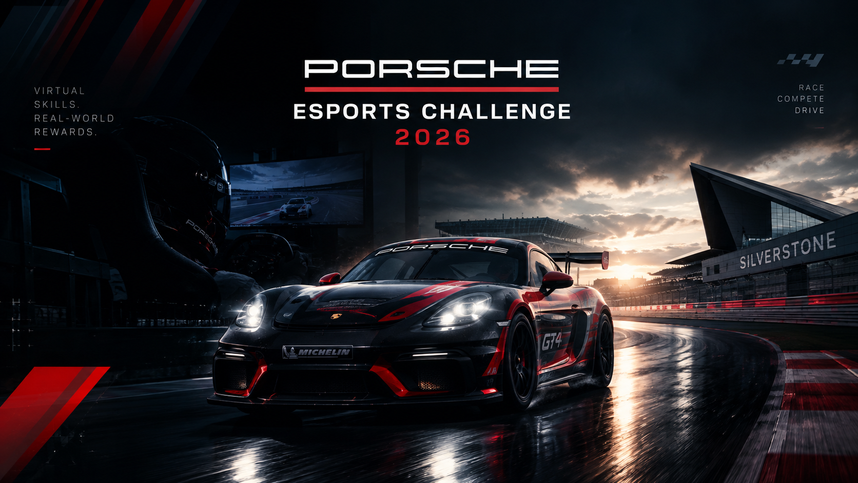 A dark Porsche race car speeding around Silverstone circuit for the Porsche Esports Challenge 2026, with a racing simulator setup and dramatic lighting in the background.