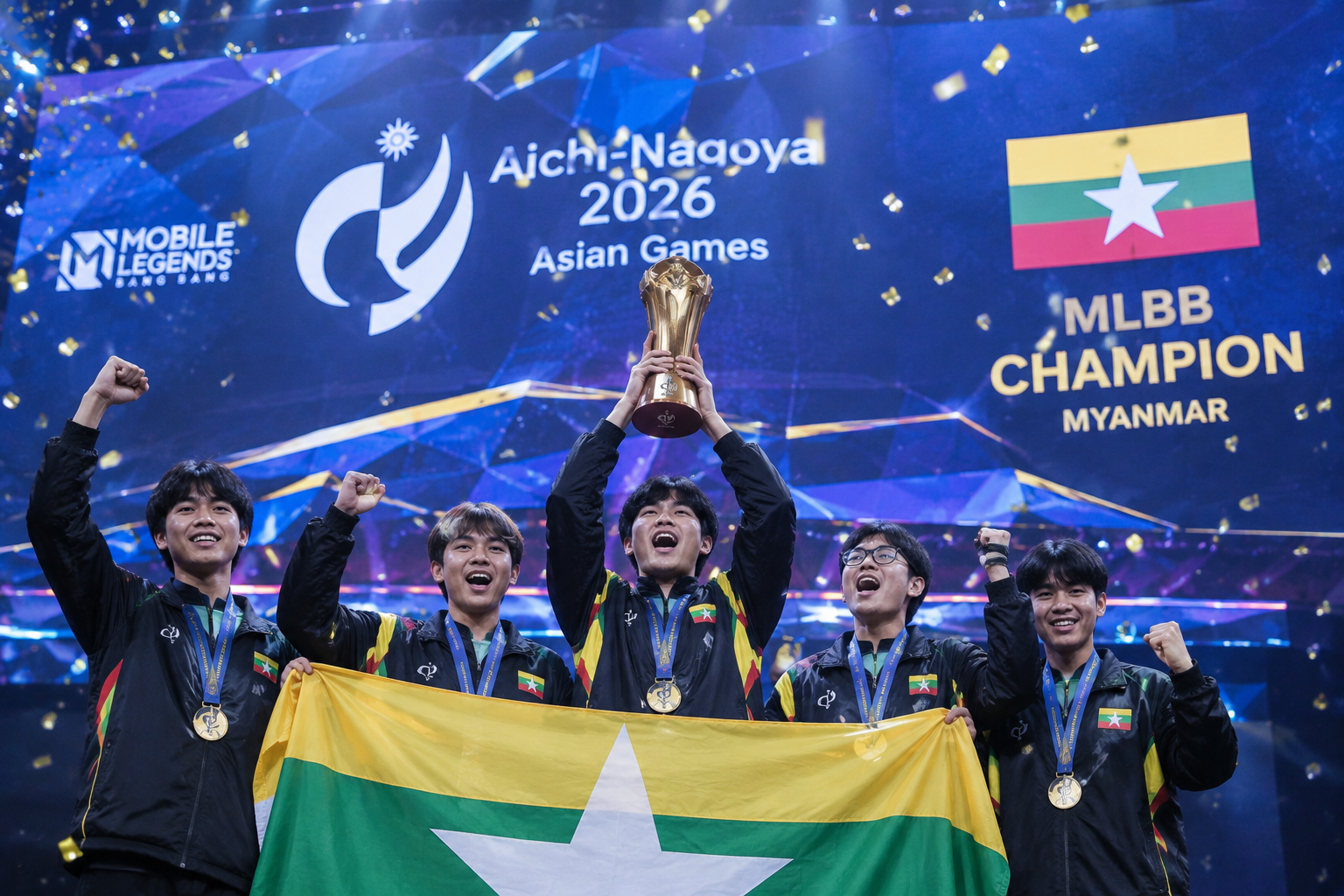 Myanmar MLBB esports players celebrating their Asian Games 2026 victory with gold medals and a trophy on stage, surrounded by confetti and the Myanmar flag.