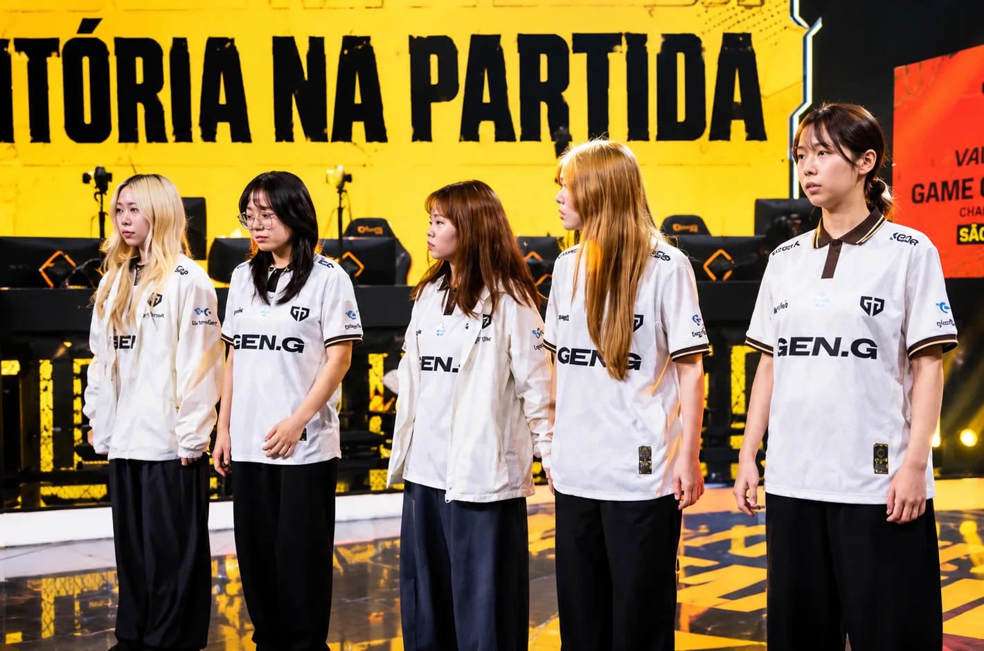 Gen.G GC players stand on stage during the VALORANT Game Changers Championship 2026 in São Paulo.