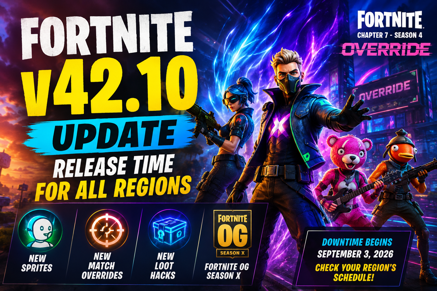 Fortnite v42.10 update release time and new Chapter 7 Season 4 Override content