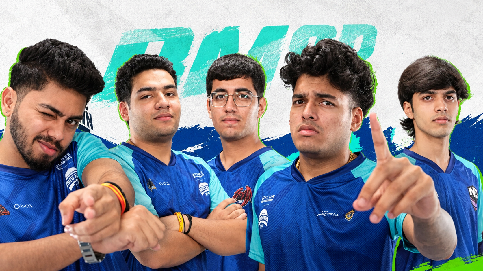 Five BGMI esports players in blue-and-teal jerseys pose together against a graphic teal, blue, and white background for the BMSD 2026 Grand Finals.