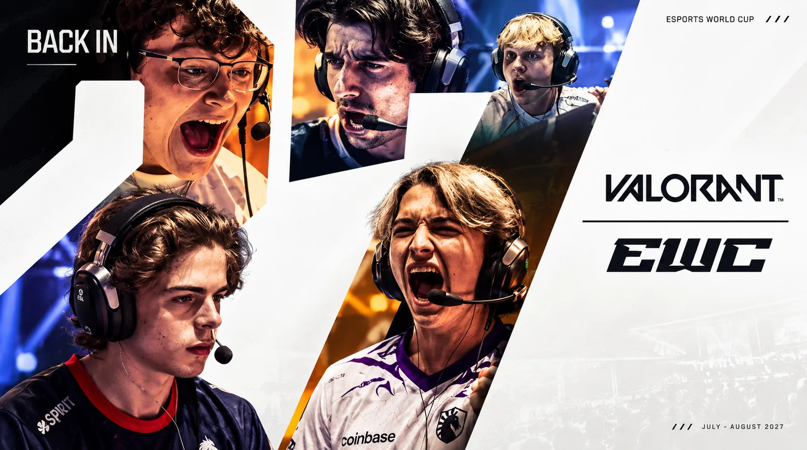 VALORANT esports players featured in a promotional poster announcing the game's return to the Esports World Cup 2027.
