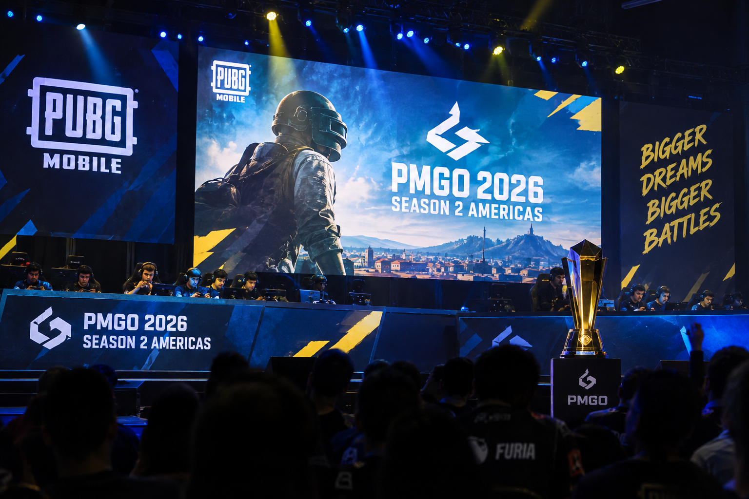PMGO 2026 Season 2 Americas esports tournament stage with PUBG Mobile players competing under tournament screens and a PMGO trophy.