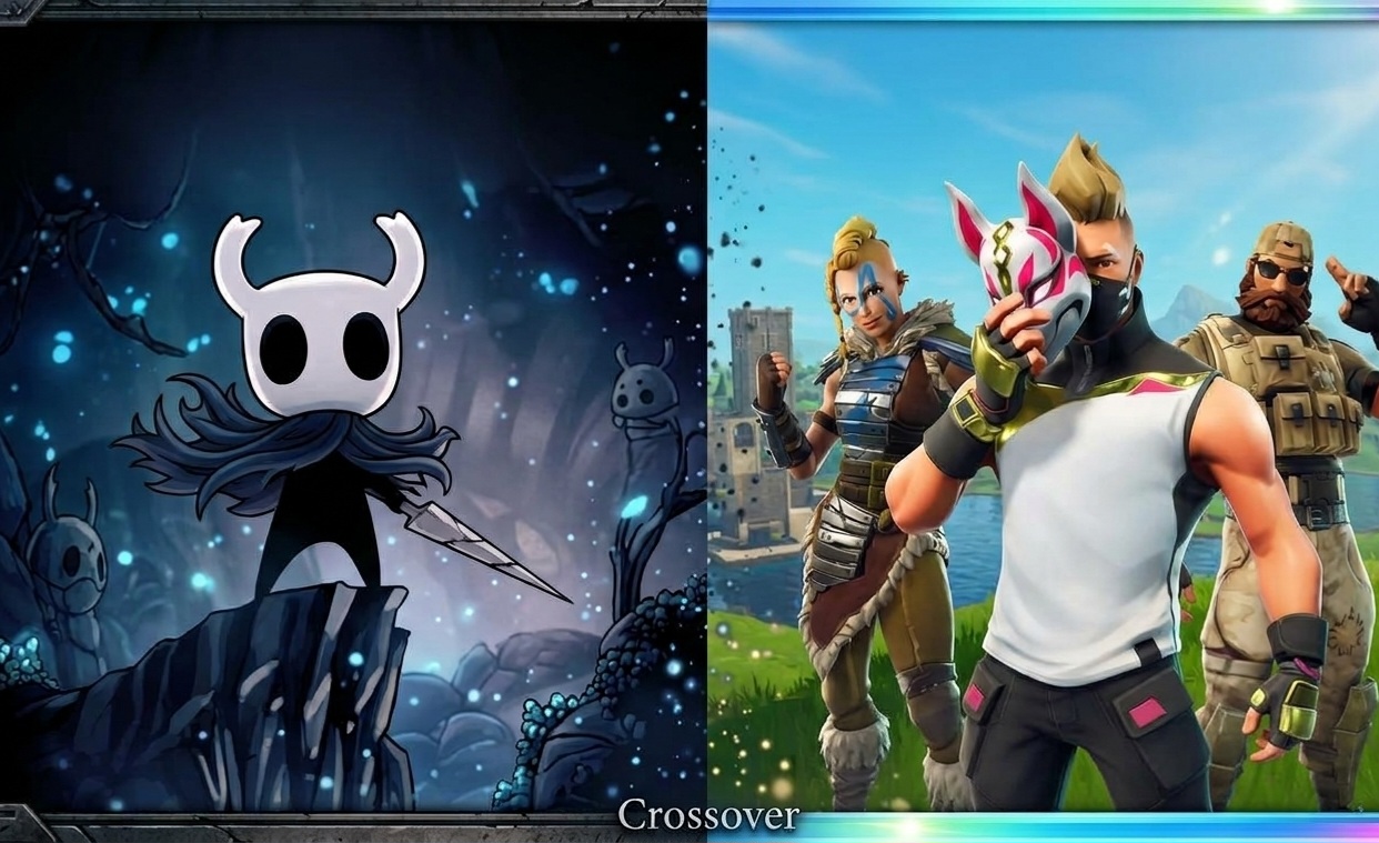 Hollow Knight character featured in a Fortnite-inspired crossover scene.